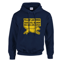 Load image into Gallery viewer, Navy - Yellow Lab Chaos Level hoodie, plain front view on white
