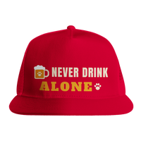 Load image into Gallery viewer, Red - Never Drink Alone trucker hat, front view on white
