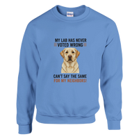Load image into Gallery viewer, Carolina Blue - My Lab Never Voted Wrong sweatshirt, plain front view on white
