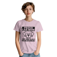 Load image into Gallery viewer, Light Pink - Proud Lab Mom tee, worn by a woman, plain light background
