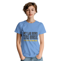 Load image into Gallery viewer, Carolina Blue - My Lab Runs This House tee, worn by a woman, plain light background
