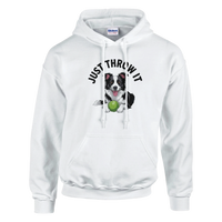 Load image into Gallery viewer, White - Just Throw It Border Collie hoodie, plain front view on white
