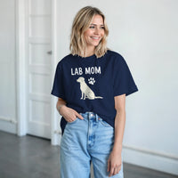 Load image into Gallery viewer, Navy - Lab Mom tee, worn by woman, white paneled room
