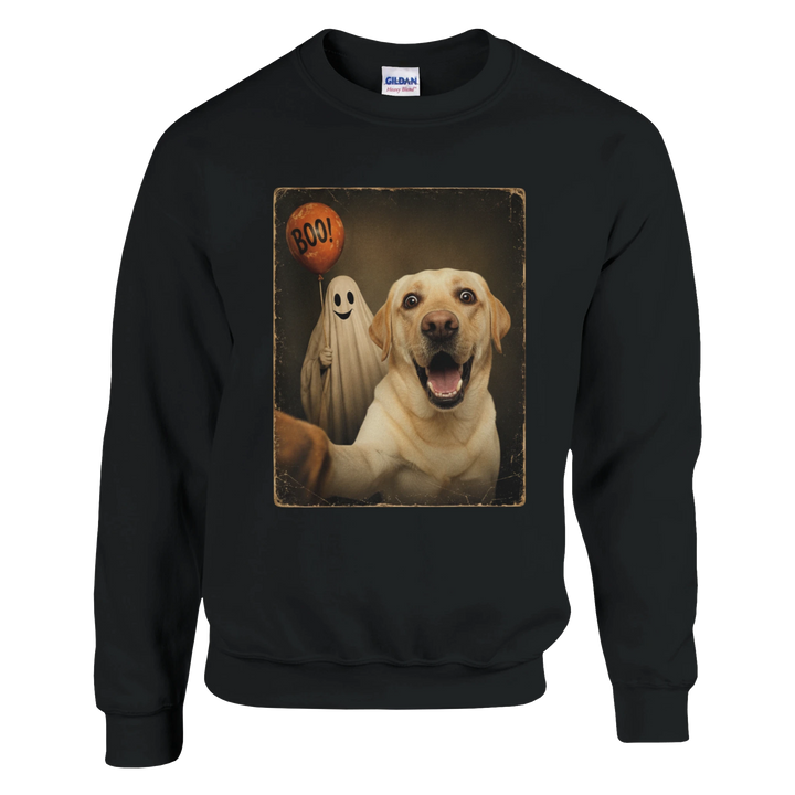 Black - Ghost Selfie Boo Dog sweatshirt, plain front view on white