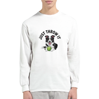 Load image into Gallery viewer, White - Just Throw It Border Collie long sleeve tee, worn by a man, plain light background
