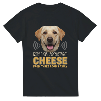 Black - My Lab Can Hear Cheese tee, plain front view on white