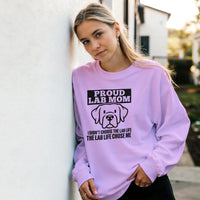 Load image into Gallery viewer, Light Pink - Proud Lab Mom sweatshirt, worn by a woman leaning on a white wall
