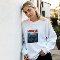 Load image into Gallery viewer, White - Jowls Black Lab sweatshirt, worn by a woman leaning on a white wall
