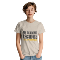 Load image into Gallery viewer, Sand - My Lab Runs This House tee, worn by a woman, plain light background
