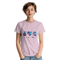 Load image into Gallery viewer, Light pink - Peace Love Dogs tee, worn by woman, white studio
