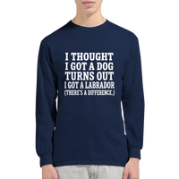 Load image into Gallery viewer, Navy - I Thought I Got a Dog long sleeve tee, worn by a man, plain light background
