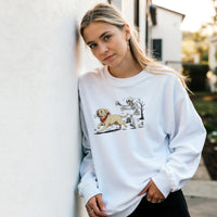 Load image into Gallery viewer, White - Dog Stealing Bone Halloween sweatshirt, worn by a woman leaning on a white wall
