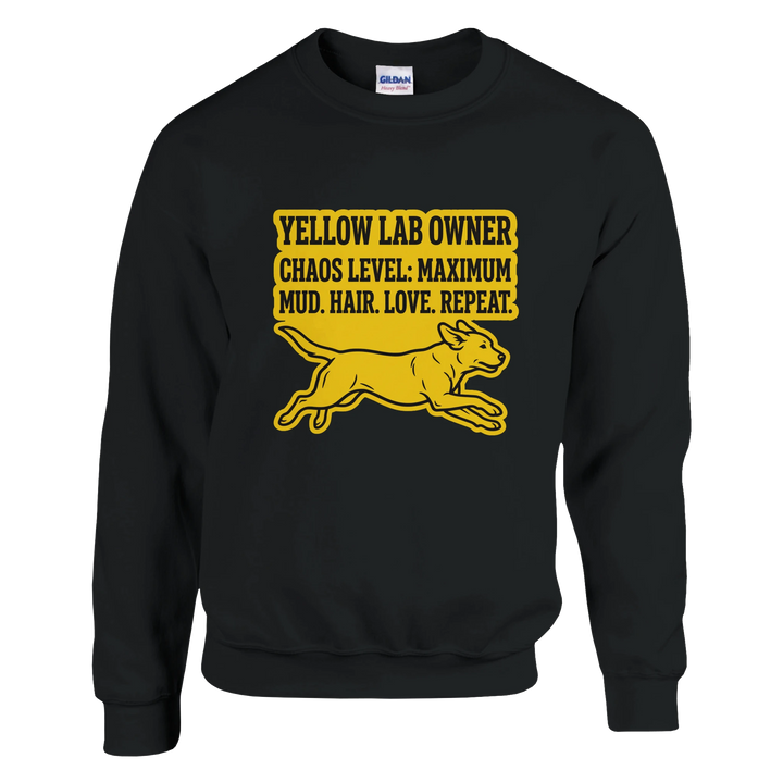 Black - Yellow Lab Chaos Level sweatshirt, plain front view on white