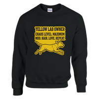 Load image into Gallery viewer, Black - Yellow Lab Chaos Level sweatshirt, plain front view on white
