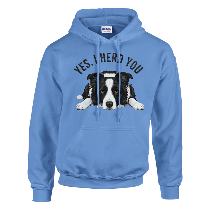Carolina Blue - Yes I Herd You Border Collie hoodie, plain front view on white