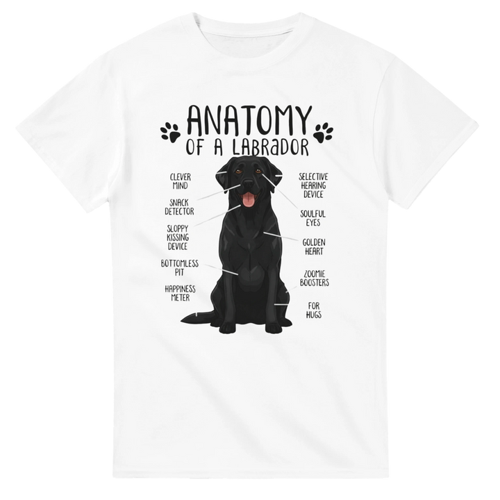 White - Anatomy of a Black Labrador tee, plain front view on white