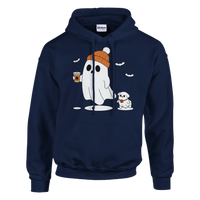 Load image into Gallery viewer, Navy - Ghost Walking Ghost Dog hoodie, plain front view on white

