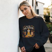 Load image into Gallery viewer, Black - Tis the Season Fall Labs sweatshirt, worn by a woman leaning on a white wall
