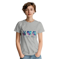 Load image into Gallery viewer, Ash - Peace Love Dogs tee, worn by woman, white studio
