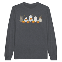 Load image into Gallery viewer, Dark Heather - Dog Ghost Halloween long sleeve tee, plain front view on white
