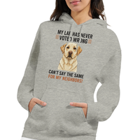 Load image into Gallery viewer, Ash - My Lab Never Voted Wrong hoodie, worn by a woman, plain light background
