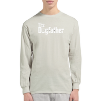 Load image into Gallery viewer, Ash - The Dogfather long sleeve tee, worn by a model, plain light background
