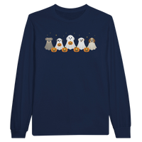 Load image into Gallery viewer, Navy - Dog Ghost Halloween long sleeve tee, plain front view on white
