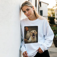 Load image into Gallery viewer, White - Ghost Selfie Boo Dog sweatshirt, worn by a woman leaning on a white wall

