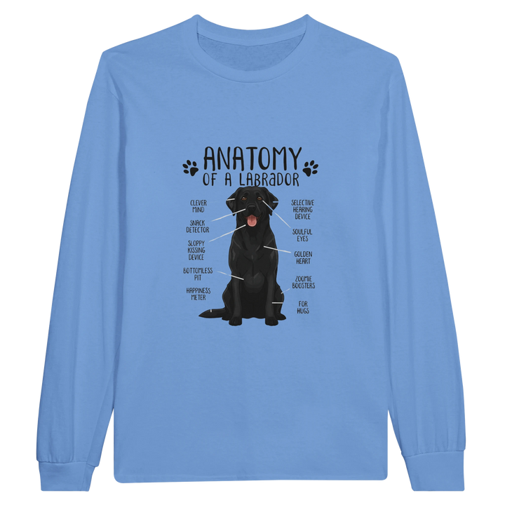 Carolina Blue - Anatomy of a Black Lab long sleeve tee, plain front view on white