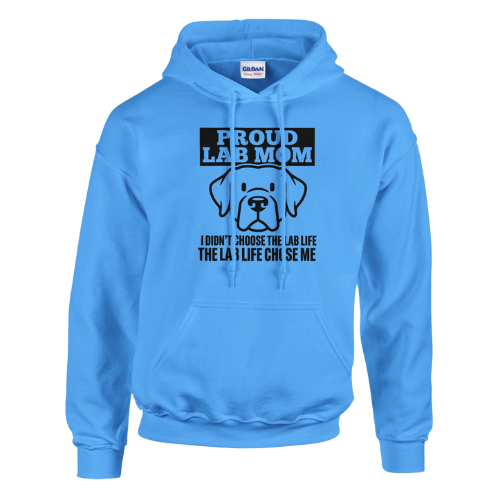 Carolina Blue - Proud Lab Mom hoodie, plain front view on white