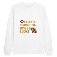 Load image into Gallery viewer, White - Easily Distracted by Dogs and Books long sleeve tee, plain front view on white
