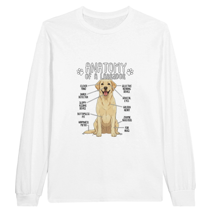 White - Anatomy of a Yellow Lab long sleeve tee, plain front view on white