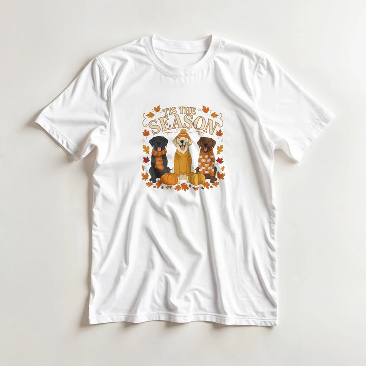 White - Tis the Season fall Labs tee, laid flat on a white surface