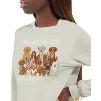 Load image into Gallery viewer, Ash - Dogs Make Me Happy long sleeve tee, worn by a woman, plain light background
