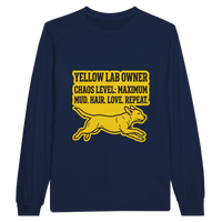Load image into Gallery viewer, Navy - Yellow Lab Chaos Level long sleeve tee, plain front view on white
