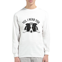 Load image into Gallery viewer, White - Yes I Herd You Border Collie long sleeve tee, worn by a man, plain light background
