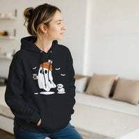 Load image into Gallery viewer, Black - Ghost Walking Ghost Dog hoodie, worn by a woman sitting on a couch in a living room
