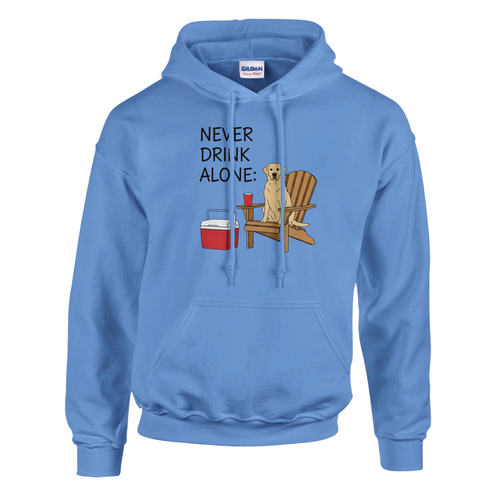 Carolina Blue - Never Drink Alone hoodie, plain front view on white