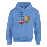 Load image into Gallery viewer, Carolina Blue - Never Drink Alone hoodie, plain front view on white
