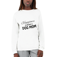 Load image into Gallery viewer, White - Happiness Is Being a Dog Mom long sleeve tee, worn by a woman, plain light background
