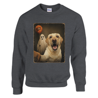 Load image into Gallery viewer, Dark Heather - Ghost Selfie Boo Dog sweatshirt, plain front view on white

