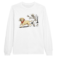 Load image into Gallery viewer, White - Dog Stealing Bone Halloween long sleeve tee, plain front view on white
