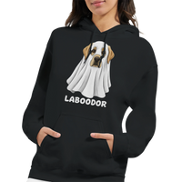 Load image into Gallery viewer, Black - Laboodor Halloween hoodie, worn by a woman, plain light background
