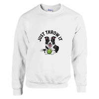 Load image into Gallery viewer, White - Just Throw It Border Collie sweatshirt, plain front view on white
