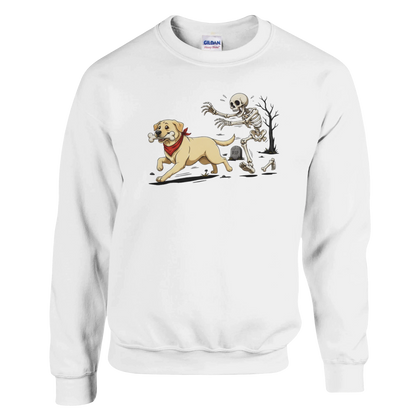 White - Dog Stealing Bone Halloween sweatshirt, plain front view on white