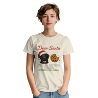 Load image into Gallery viewer, Natural - Dear Santa Lab tee, worn by a woman, plain light background
