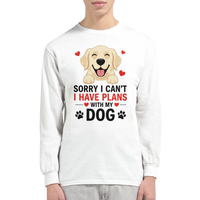 Load image into Gallery viewer, White - Sorry I Can't I Have Plans With My Dog long sleeve tee, worn by a man, plain light background
