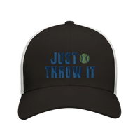 Load image into Gallery viewer, Black/White - Just Throw It Border Collie trucker hat, front view on white
