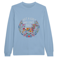 Load image into Gallery viewer, Light Blue - Just A Girl Who Loves Dogs long sleeve tee, plain front view on white
