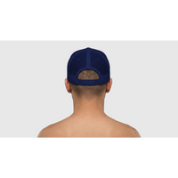 Load image into Gallery viewer, Navy/White - I Got That Dog In Me trucker hat, worn by a man, back view showing the mesh and snapback
